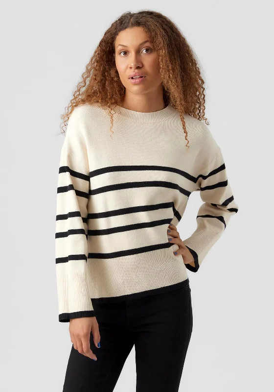 Vero Moda Saba Stripe Print Sweater, Birch & Black Boat Neck Shawl Collar Notched Collar