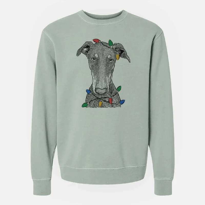 Christmas Lights Princess Fiona the Doberman Pinscher - Unisex Pigment Dyed Crew Sweatshirt Hoodie with Ribbed Neckline Snug Warm