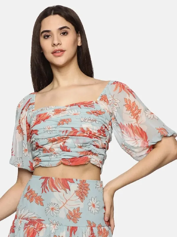 Floral light Blue Rushing Detail Crop Top-17375 Spandex Blend Rayon Blend Denim Blend