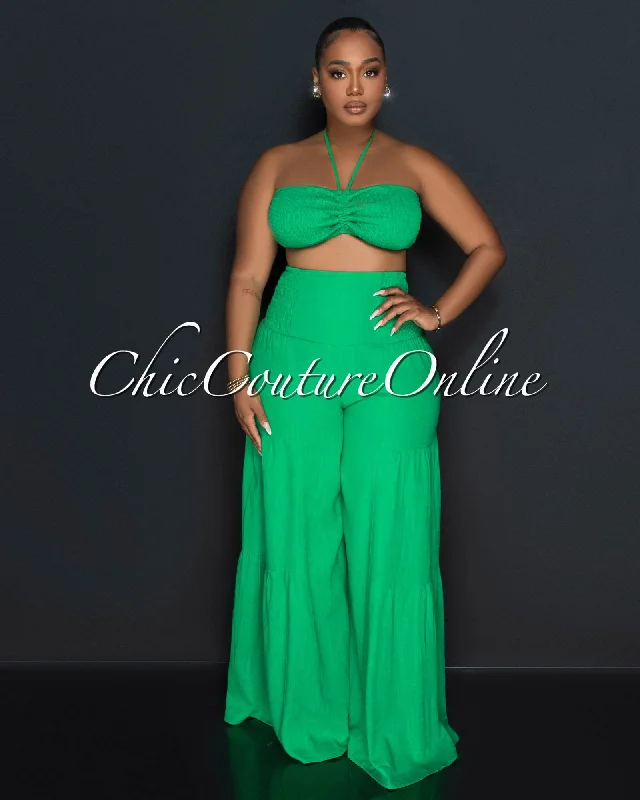 Lula Green Halter Smocked Crop Top & Linen Wide Pants Set Sequined Glittery Shiny