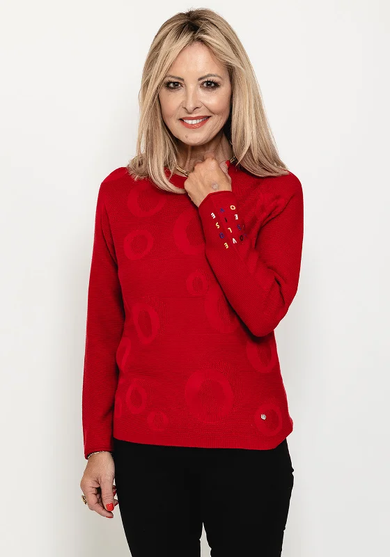 Rabe Circle Embossed Knit Jumper, Red Solid Color Striped Floral Print