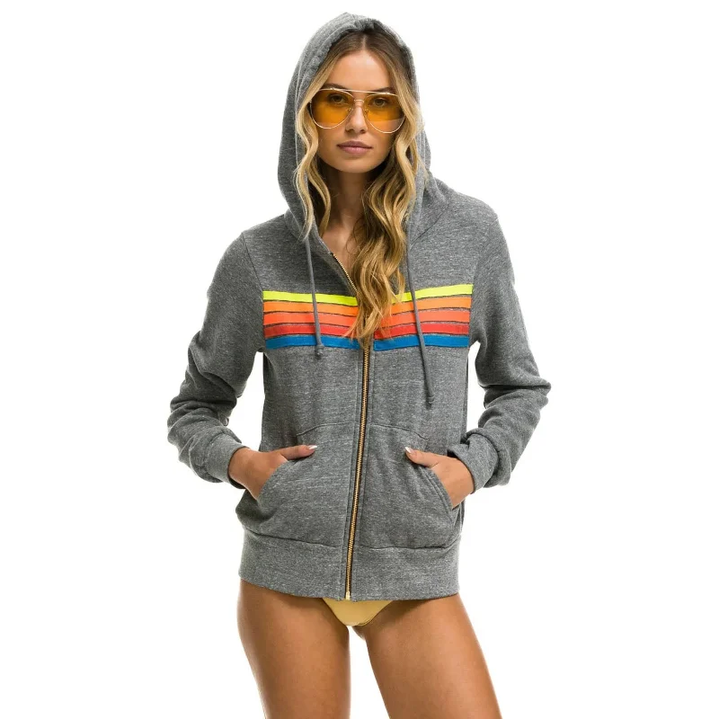5 Stripe Zip Hoodie Heather Grey/Neon Rainbow Hoodie with Earth Tones Natural Calm