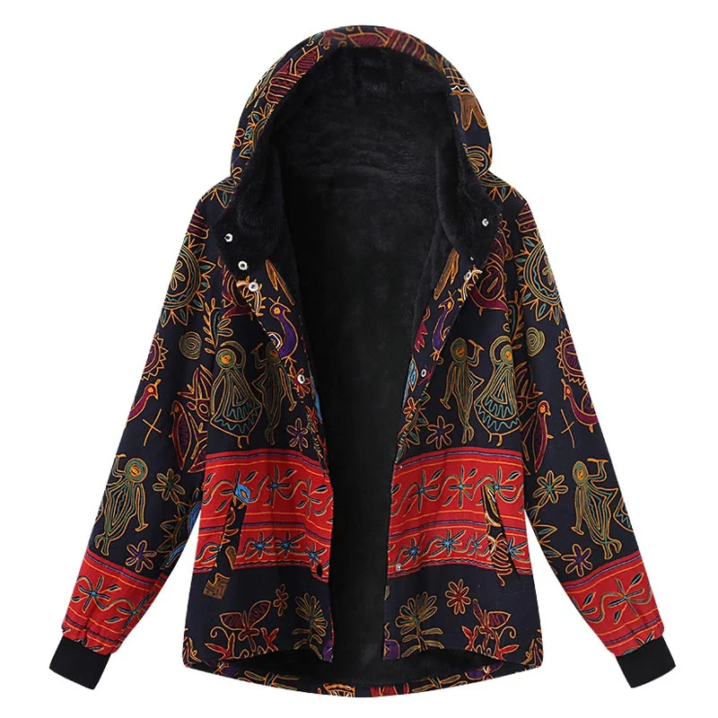 2018 Winter Celmia Vintage Women Hoodies Long Sleeve Buttons Down Jacket Boho Print Pockets Sweatshirt Coat Loose Fleece Outwear Hoodie with Ribbed Neckline Snug Warm