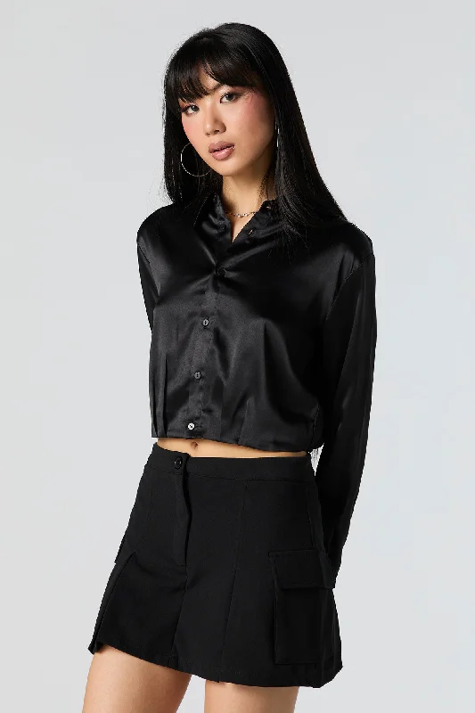 Satin Collared Crop Top Zippered Front Buttoned Front Snap Front