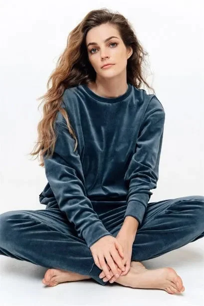 Velvet women sweatshirt - Blue Hoodie with Hem Applique Textured Unique