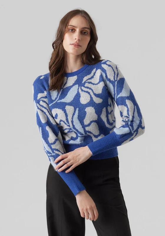 Vero Moda New Tari Printed Balloon Sleeve Jumper, Beaucoup Blue Flower Polka Dot Checkered Tartan