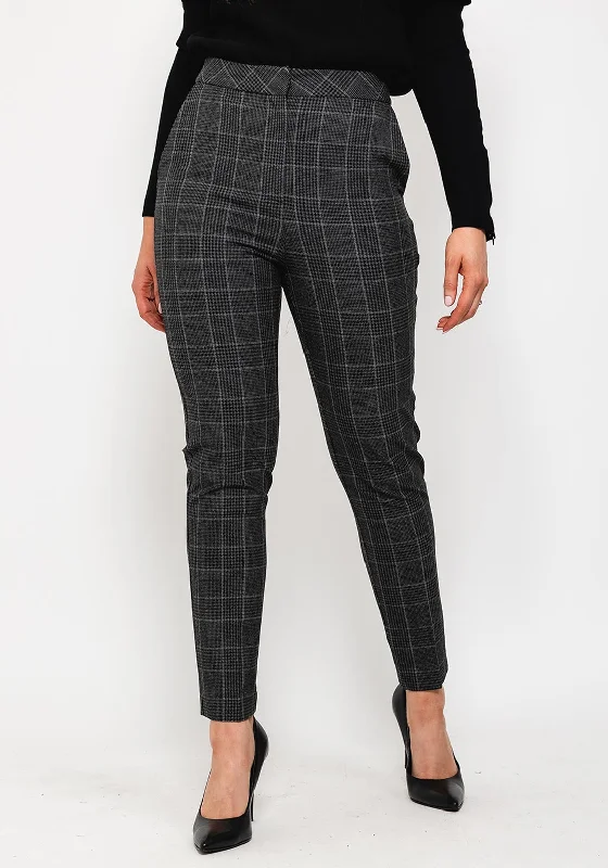 Exquise Checked Slim Leg Trousers, Dark Grey Cropped Trousers Casual Linen