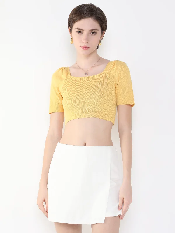 Women Solid Mustard Fitted Crop Top-OC-9979-Mustard Chenille Fabric Brocade Fabric Lace Fabric