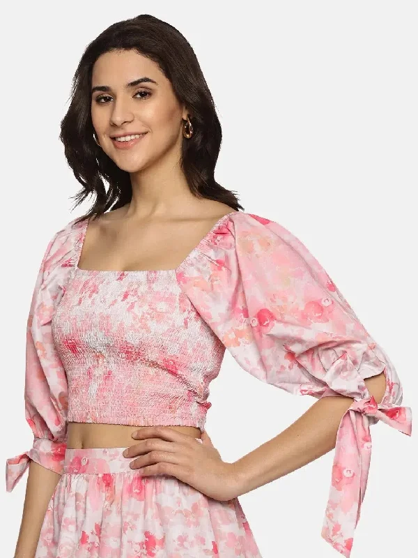 Floral Pink Smocking Crop Top-17320 Satin Fabric Silk Fabric Chiffon Fabric