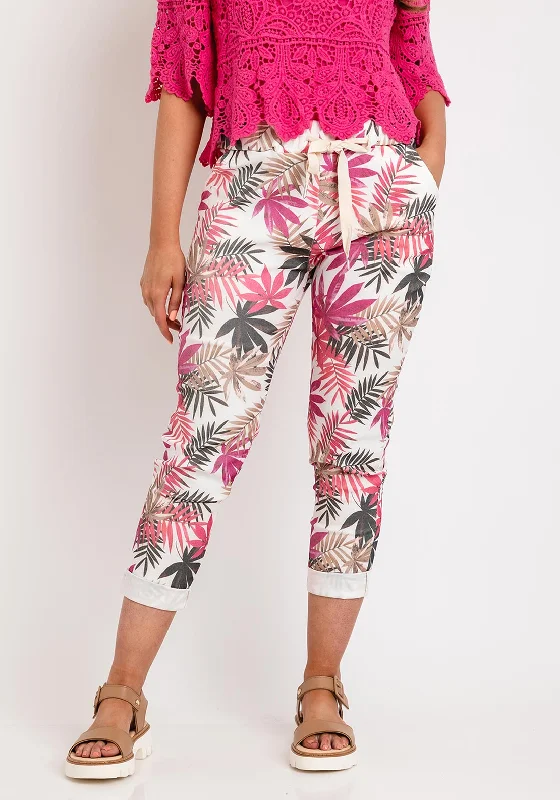 The Serafina Collection One Size Leaf Print Drawstring Trouser, Fuchsia Trousers Exclusive Limited