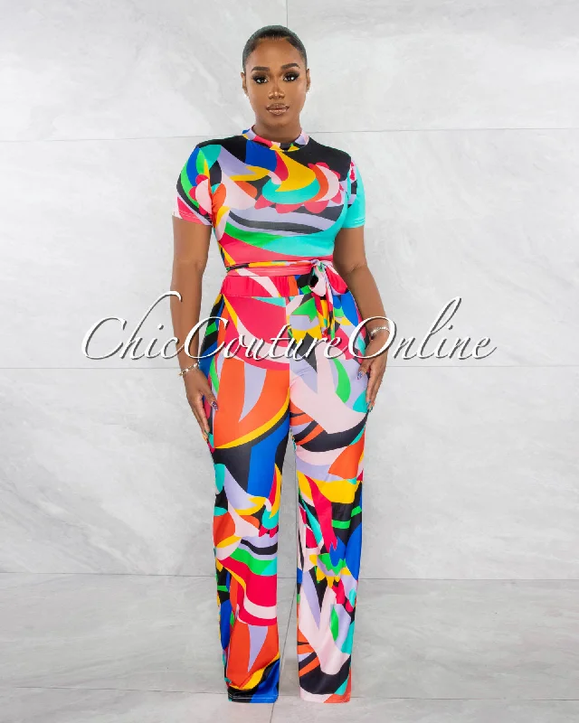 Eileen Multi-Color Waist Tie Crop Top & Wide Pants Set Zippered Buttoned Snapped