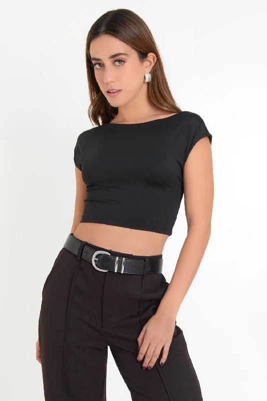 Crop top de manga seguida escote espalda Summer Crop Top Casual Short Sleeve