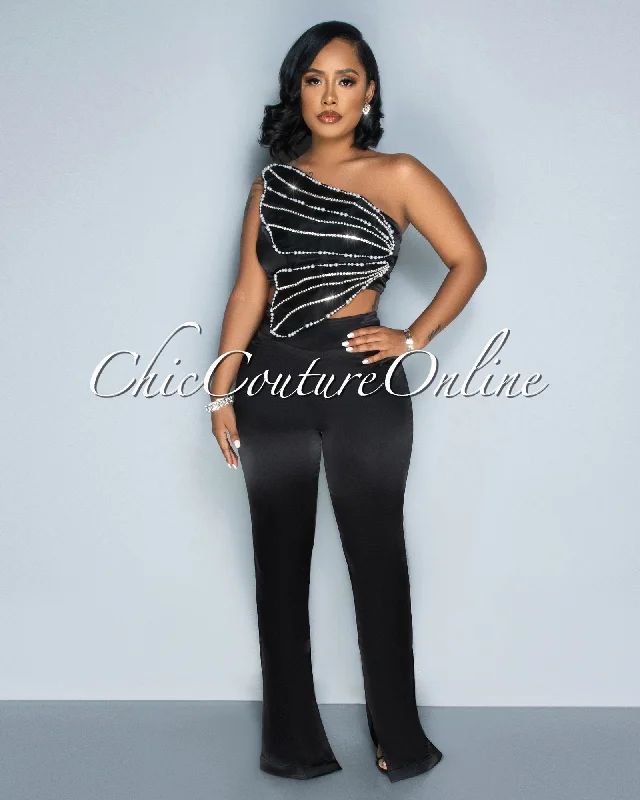 Mayfield Black Rhinestones Crop Top & Bell Legs Pants Set Welt Pockets Slit Pockets Flap Pockets