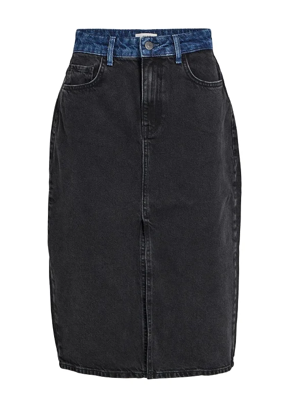 Object Beate High Rise Denim Midi Skirt, Black Denim lace skirt delicate