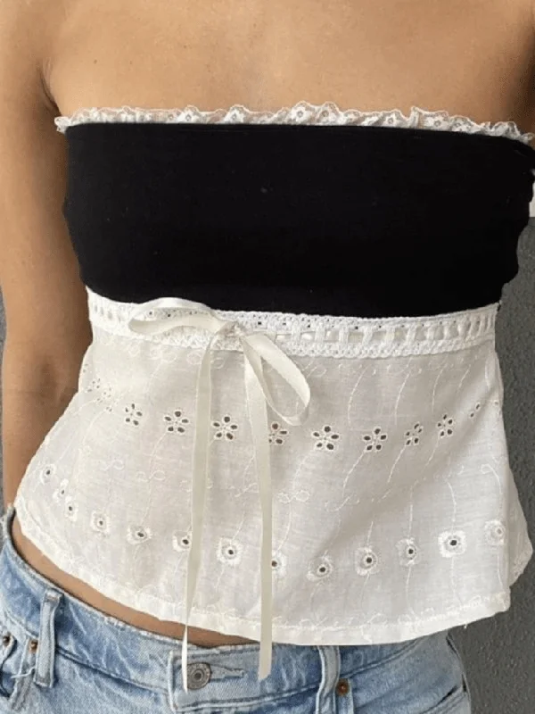 Contrast Lace Bandeau Crop Top Plaid Crop Top Polka Dot Checkered