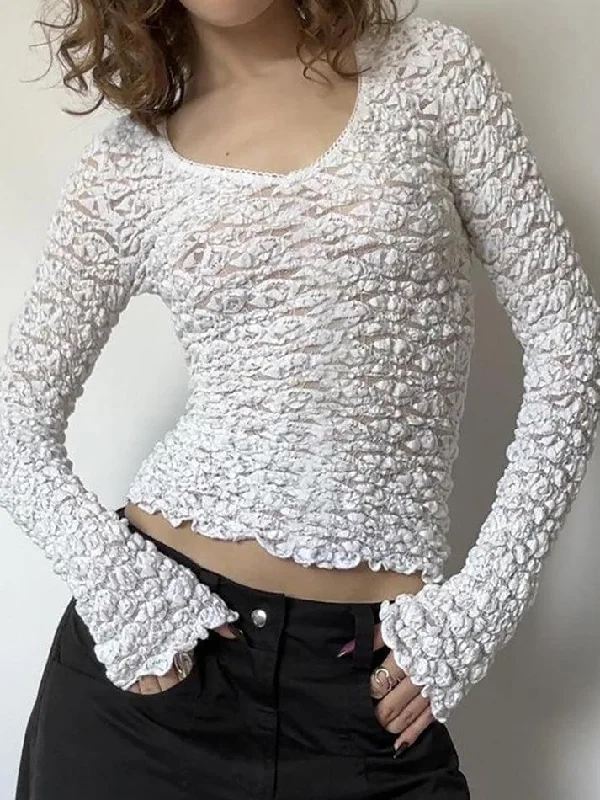 Lace Trim V Neck  Long Sleeve Crop Top Iron Safe Non-Iron Wrinkle Free