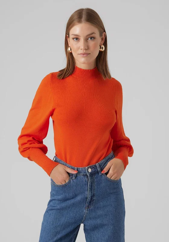 Vero Moda Holly Balloon Sleeve Sweater, Tangerine Tango Collared Crew Neck Turtle Neck