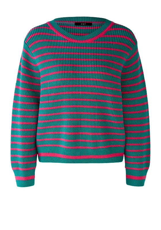 OUI Narrow Stripe Knit Jumper, Green & Pink Zippered Front Buttoned Front Snap Front