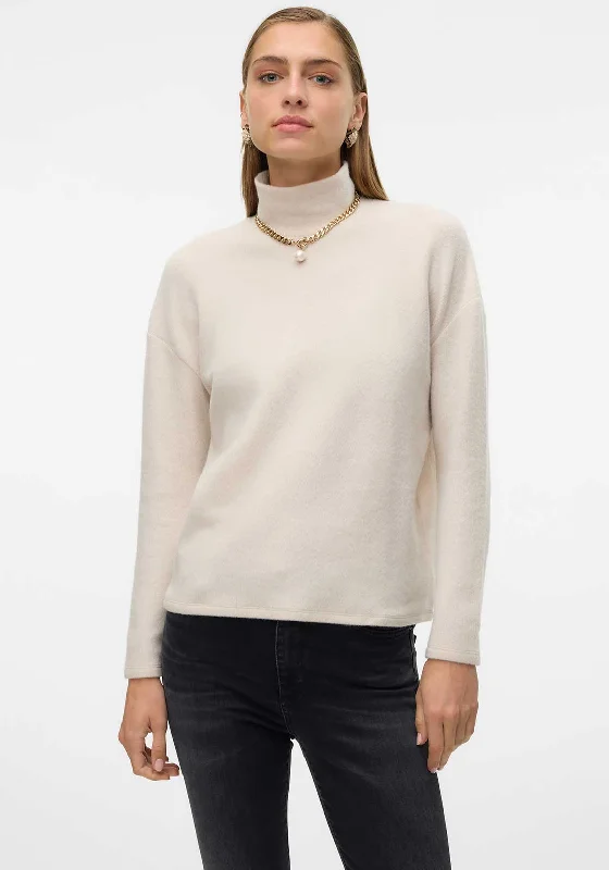 Vero Moda Ebba Polo Neck Fleece Sweater, Beige Handmade Hand-knitted Hand-woven