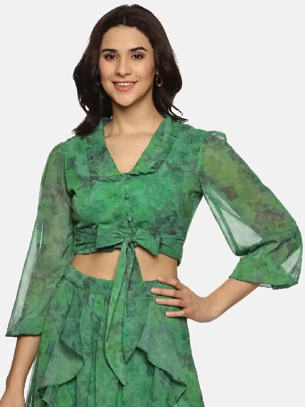 Floral Green Front Tie-Knot Crop Top-17353 Striped Floral Plaid