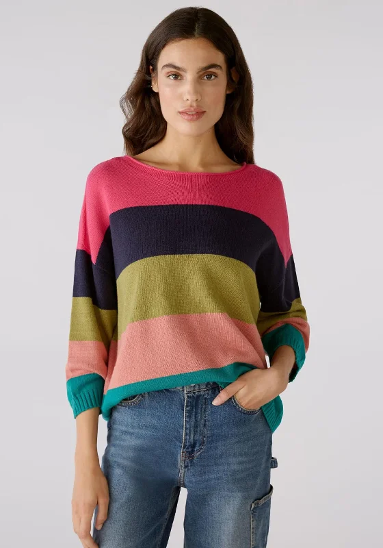 OUI Round Neck Striped Knit Sweater, Multi Welt Pockets Slit Pockets Flap Pockets