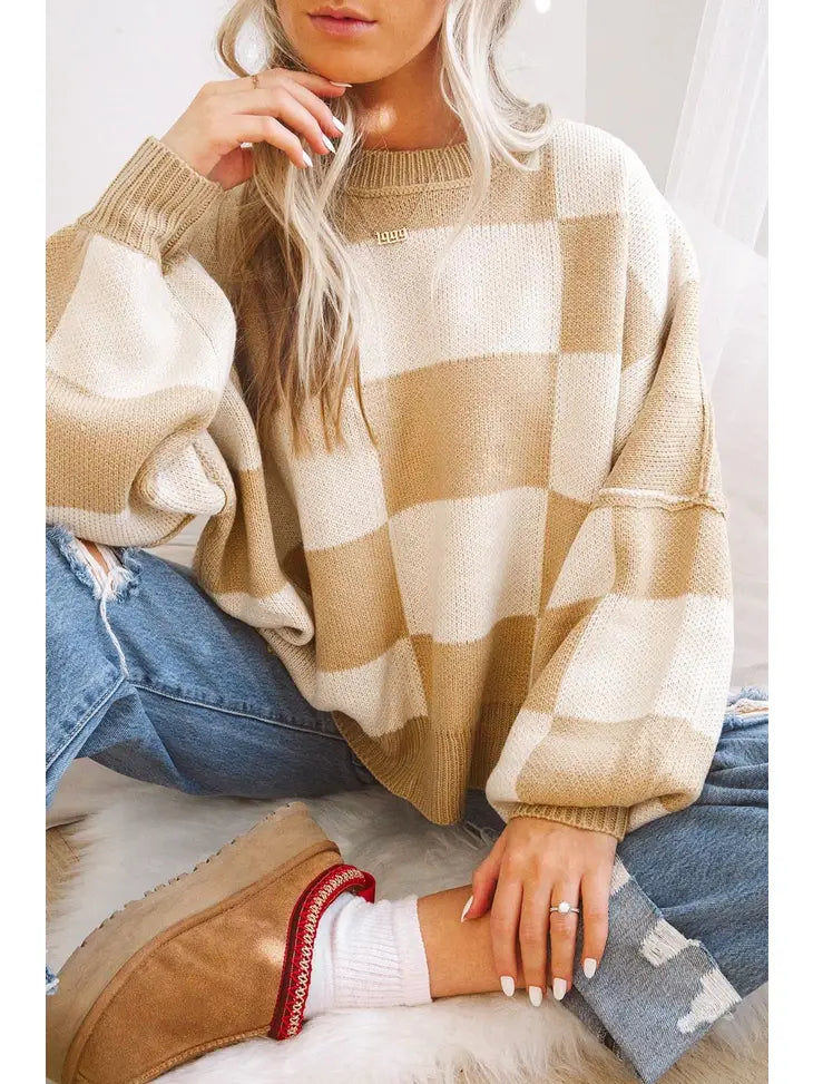 Checker Seam Exposed Crewneck Sweater Solid Print Embellished