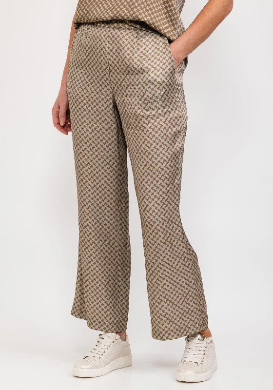 Costamani Kaya Satin Print Trousers, Brown Trousers Elastic Waist Soft