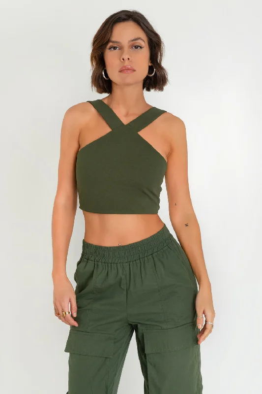 Crop top halter v ajustado Denim Fabric Leather Fabric Suede Fabric