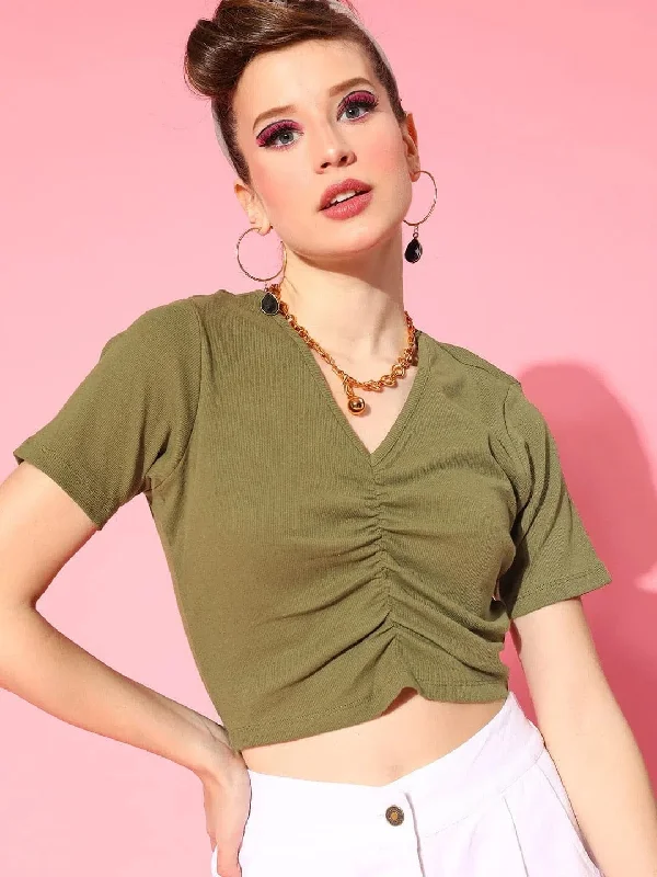 Women Olive Gather Detail Crop Top Knit Fabric Woven Fabric Fleece Fabric