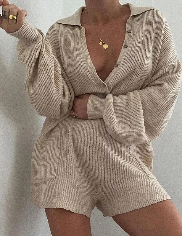 Ladies Solid Color Long Sleeves Sweater Romper SKJ516 Ribbed Striped Patterned