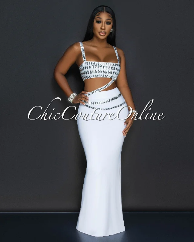 Dezire White Rhinestones Crop Top & Maxi Skirt Set Welt Pockets Slit Pockets Flap Pockets