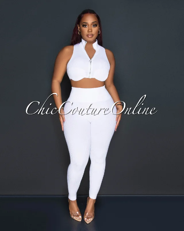 Kristy Off-White Ribbed Crop Top & Leggings Sculpting Set Collared Crew Neck Turtle Neck