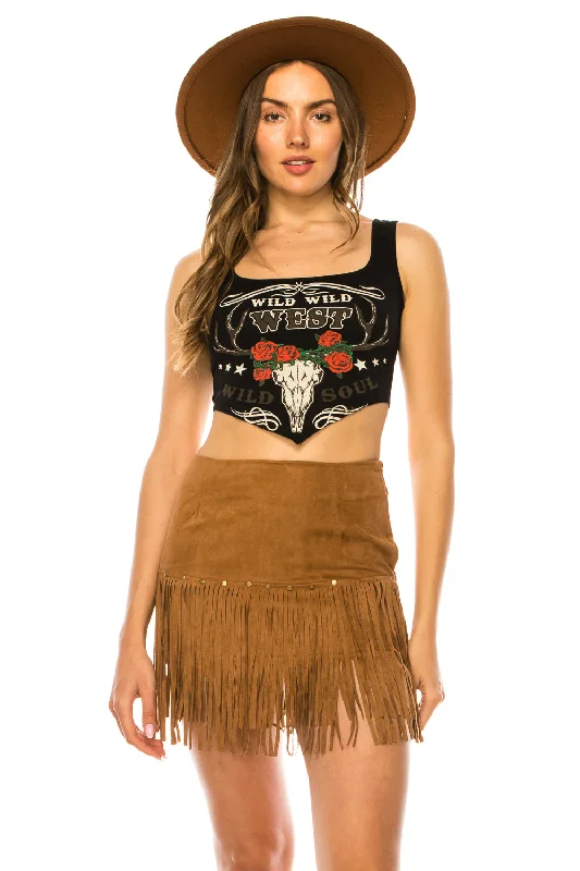 WILD WEST BLACK CROP TOP Crop Top Seamless Stretchy