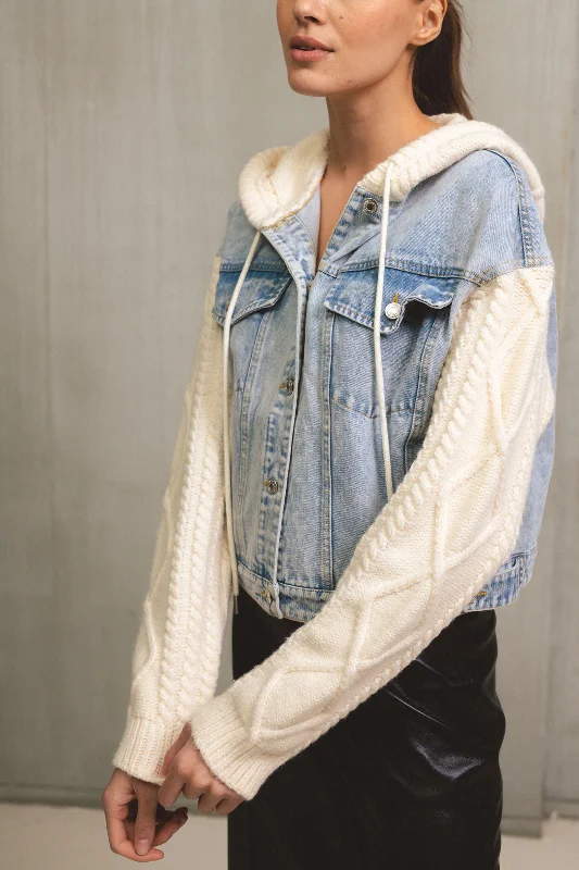 MIXED MEDIA JACKET HOODIE Hoodie with Rolled Sleeves Casual Relaxed