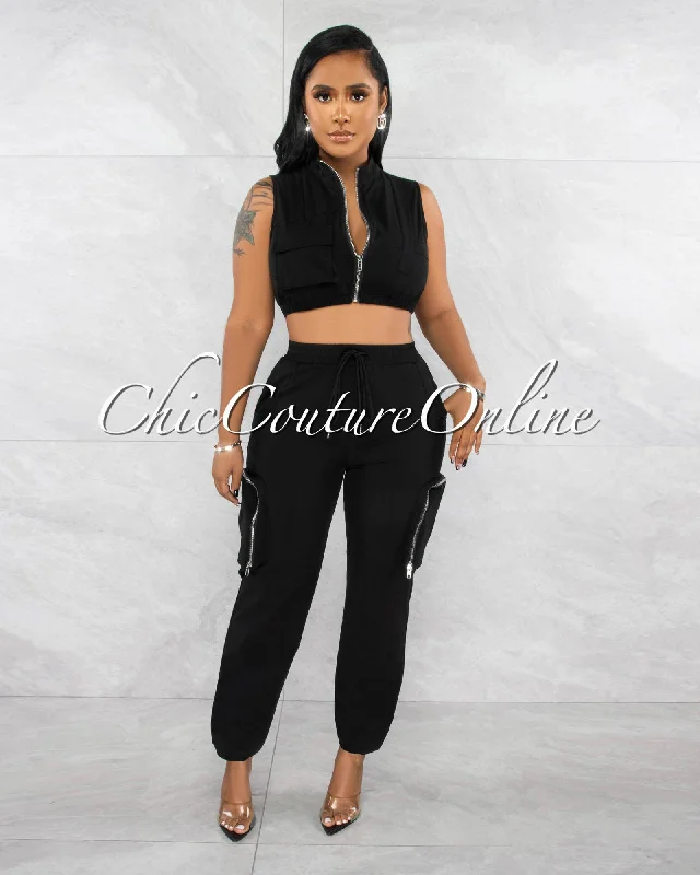 Blassie Black Crop Top & Jogger Cargo Pants Set Fleece Nylon Spandex