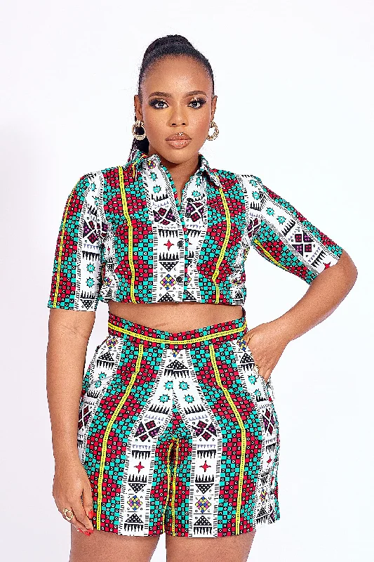 AALIYAH AFRICAN PRINT CROP TOP SET Solid Print Embellished