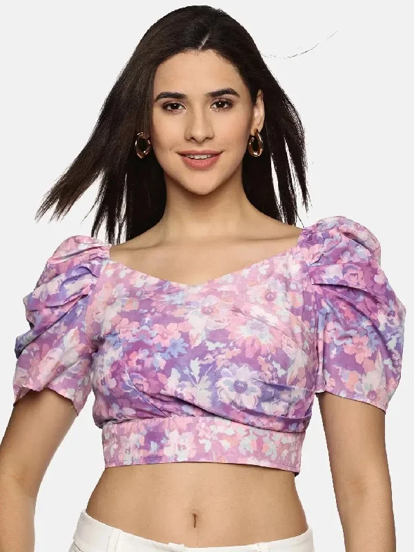 Floral Purple Wrap Crop Top-17343 Hooded Caped Shawl Collar