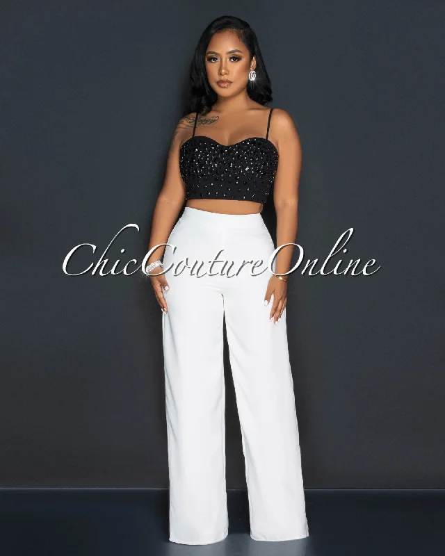 Emara Black Rhinestones Crop Top & Off-White Wide Pants Set Thin Crop Top Open Front Quick Dry