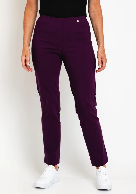 Robell Marie Full Length Slim Leg Trousers, Plum Trousers Tapered Slim Fit