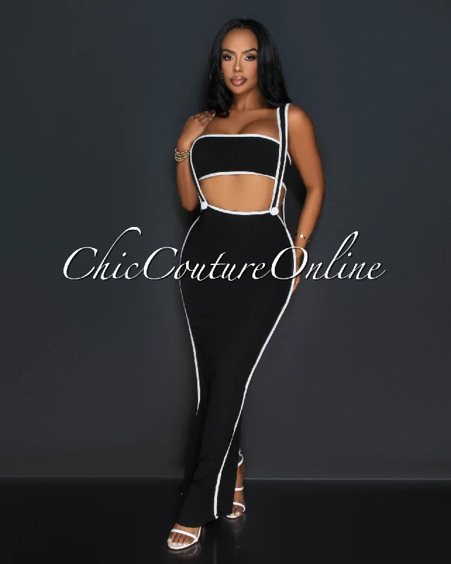 Ola Black White Tube Crop Top & Overall Skirt Set Handmade Hand-knitted Hand-woven