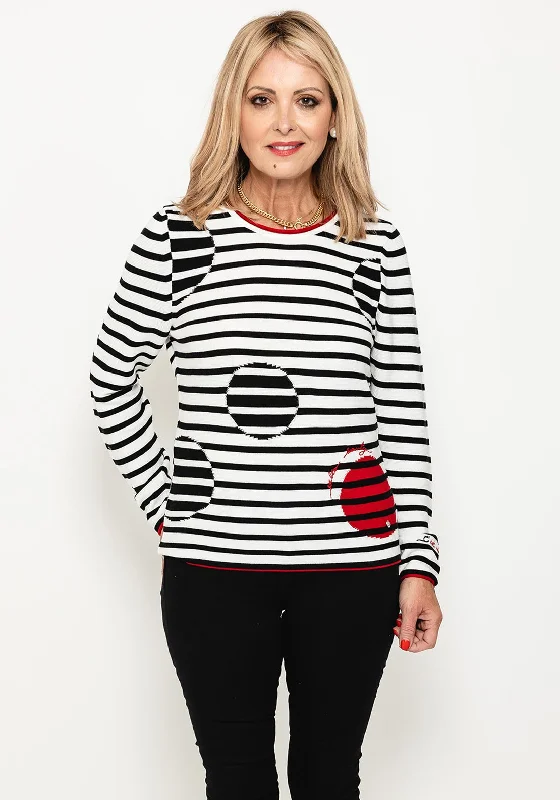 Rabe Striped & Circle Ribbed Knit Jumper, Monochrome & Red Long Sweater Short Sweater Cropped Sweater