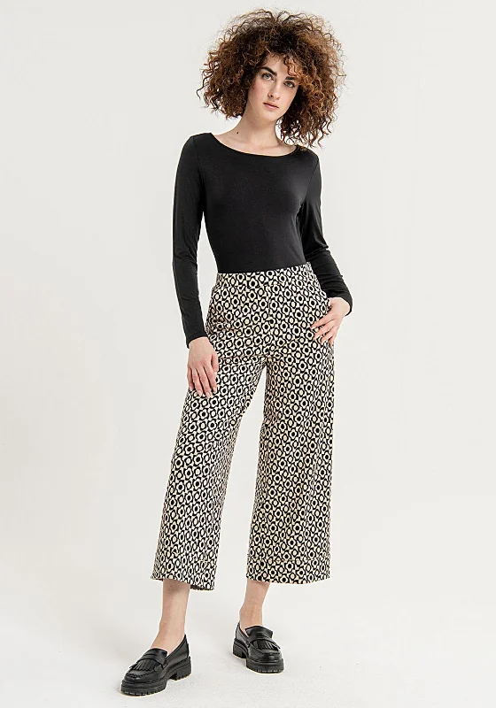 Surkana Two-Tone Geo Print Wide Leg Crop Trouser, Black Trousers versatile functional