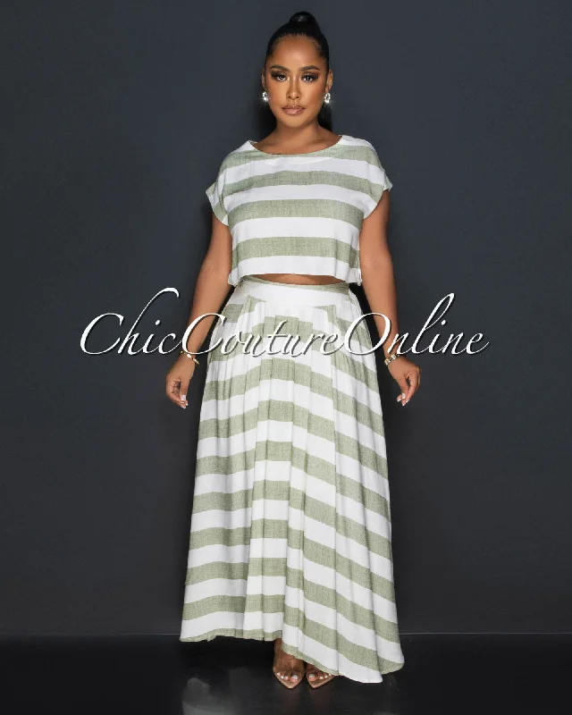 Fern Green Stripes Crop Top & Maxi Skirt Set Spandex Blend Rayon Blend Denim Blend