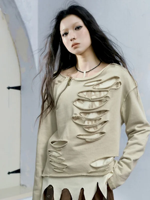 Irregular hole graffiti double layer sweater【s0000005239】 Boxy Sweater Fitted Sweater A-Line