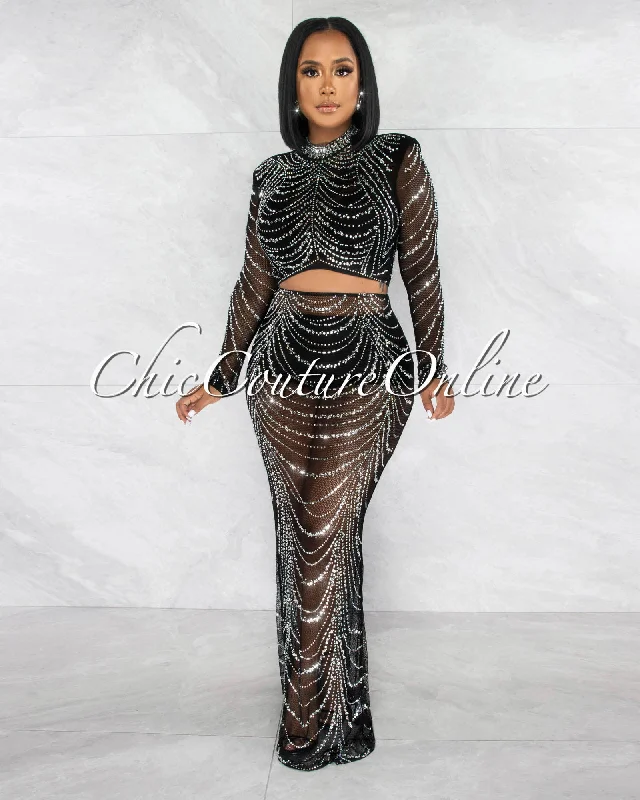 Frannis Black Rhinestones Mesh Sheer Crop Top & Maxi Skirt Set Chenille Brocade Lace