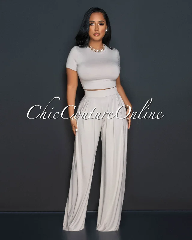 Rossy Taupe Crop Top & Wide Leg Pants Set Real Fur Shearling Chenille