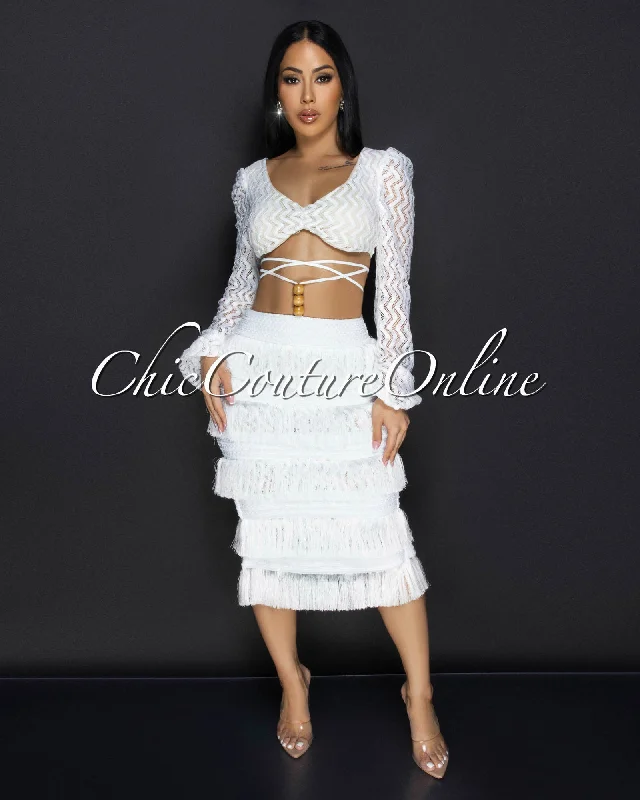 Sonnet White Lace Crop Top & Fringe Skirt Set Chenille Fabric Brocade Fabric Lace Fabric