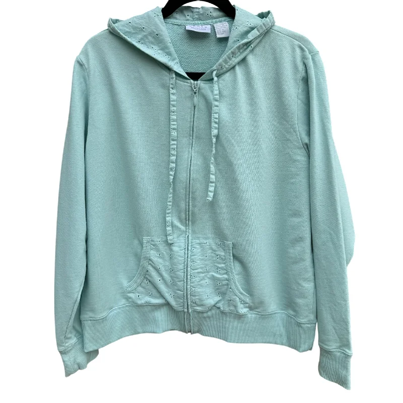 Bill Blass Vintage Womens Mint Green Eyelet Zip Front Long Sleeve Hoodie Jacket XL Hoodie with Metallic Shiny Futuristic