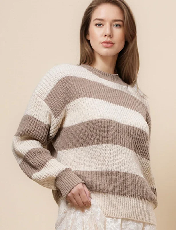 Ladies Stripe Color Block Everyday Pullover Sweater SKT4932 Cable Knit Ribbed Knit Lace Knit