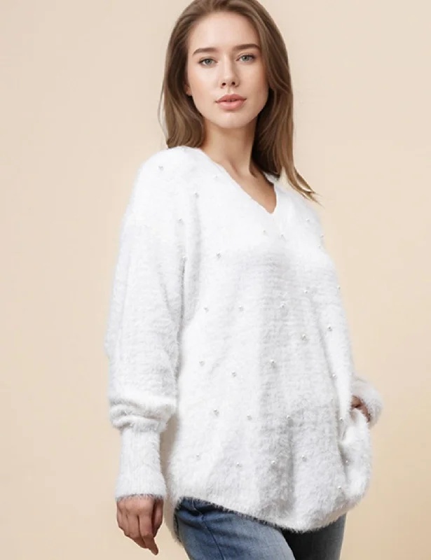 Ladies Faux Pearl White Hallow Out Pullover Sweater SKT4890 Machine Wash Dry Clean Hand Wash